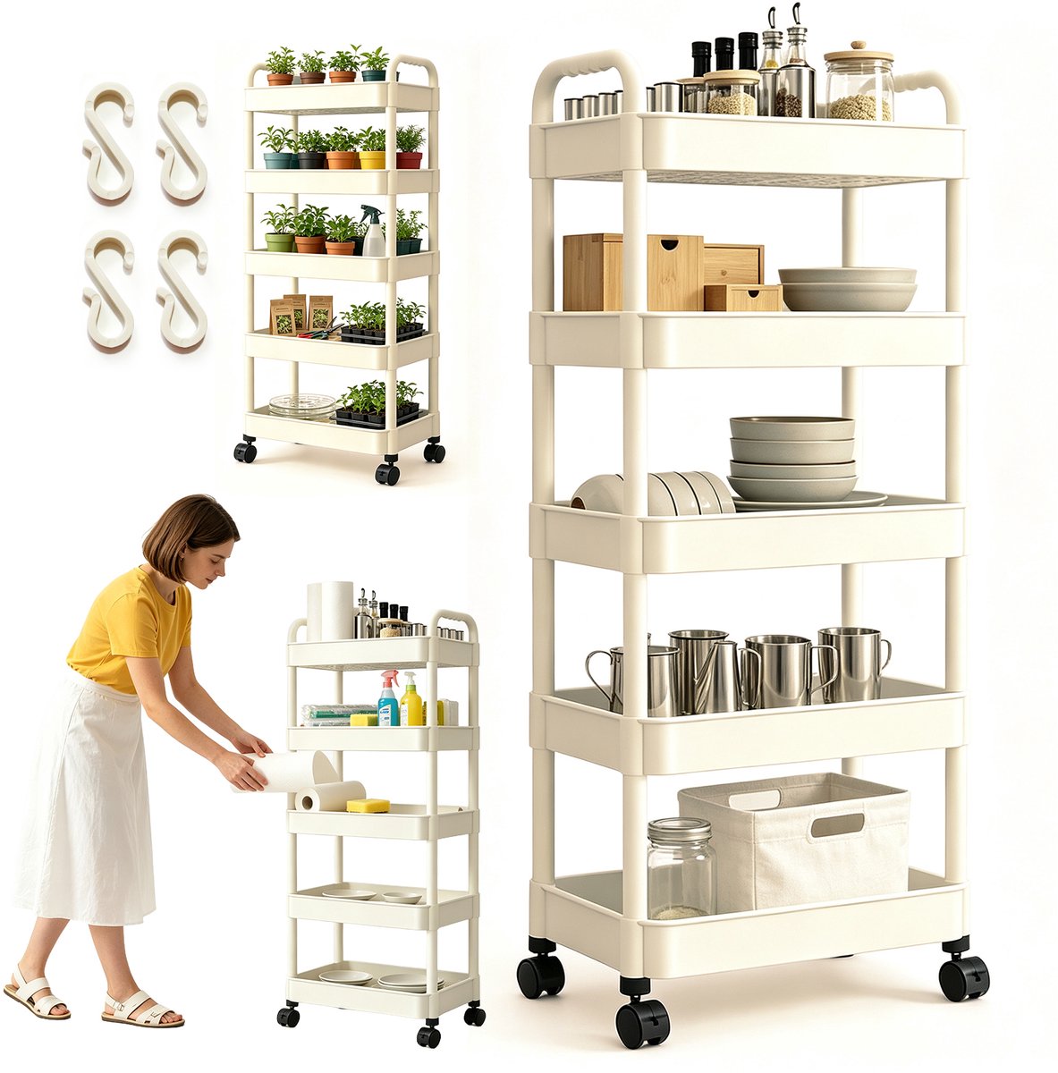Rolbaar opbergrek - Keukenwagen - 5 verdiepingen - 41x28x128 cm - Wit - wielen met rem - verhoogde randen - voor kleine ruimtes - keuken, badkamer en studeerkamer