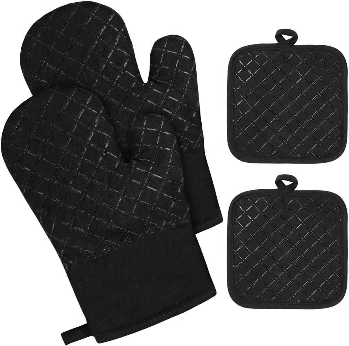 Thijox - Hittebestendige Ovenwanten 230 °C - Antislip Barbecuehandschoenen - Katoen & Siliconen - 1 Paar + 2 Pannenlappen - Voor Koken, Bakken, Grille