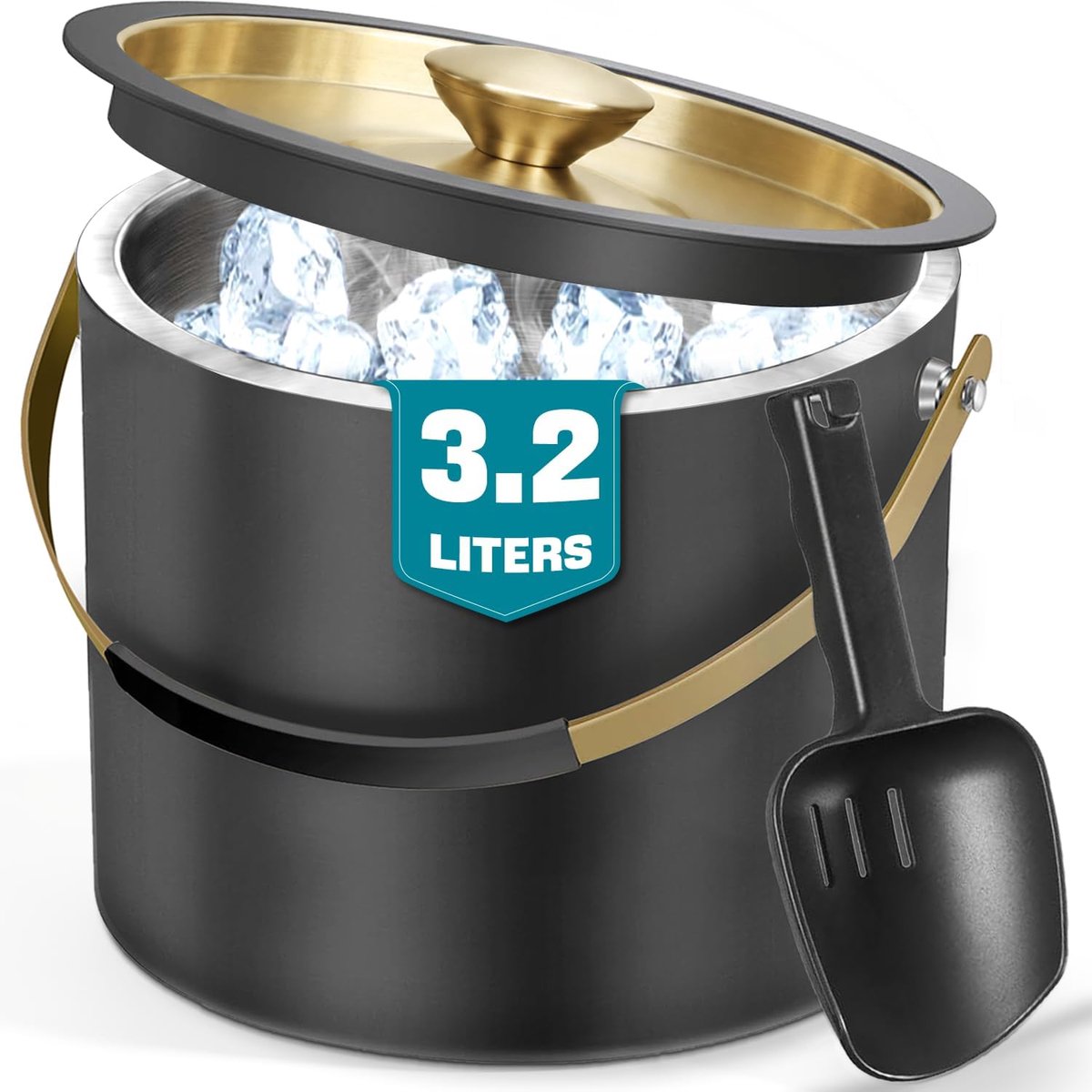 SnelShoppen - 3.2L RVS IJsbucket met Deksel en Schep - Dubbelwandige Geïsoleerde IJsdoos voor Cocktails, Feesten en Tuin - Zwart