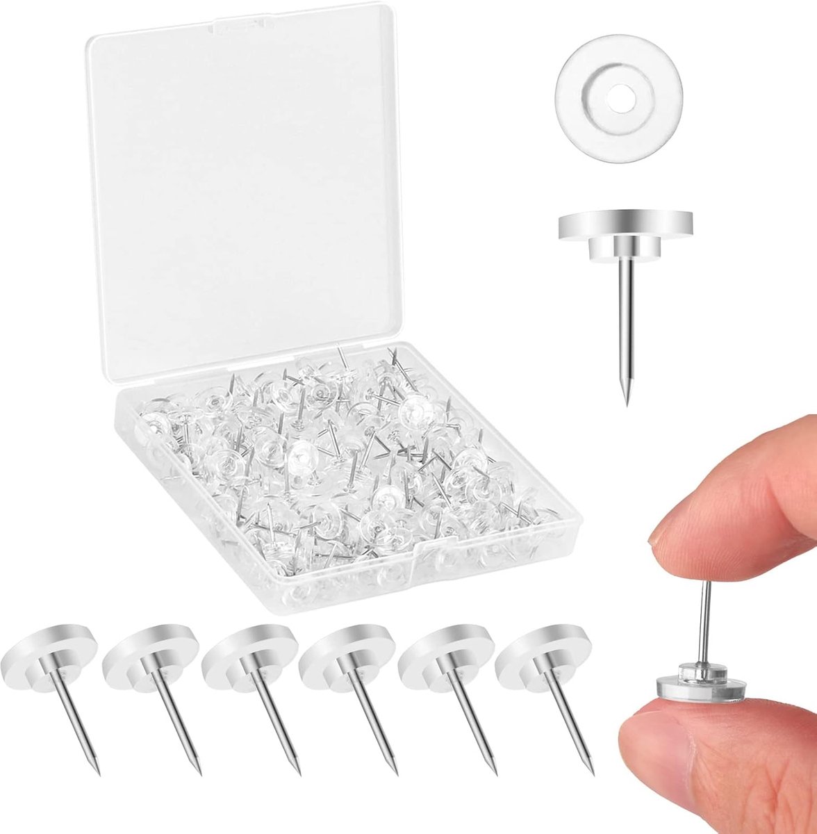 SnelShoppen - 200 Stuks Diabolo Vorm Kaartnagels met Plastic Doos - Hoge Kwaliteit en Stevige Pins voor Schoolbord, Wereldkaart, Kurkbord - Transparan