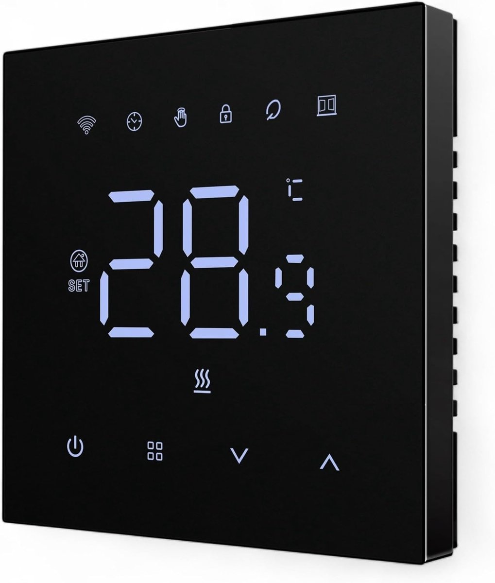SnelShoppen - WiFi Thermostat Zwart 86x86x15mm, Recessed Touchscreen, Programmeerbaar, CV Installatie, Tuya Smart Life, Google Home & Alexa Compatibel