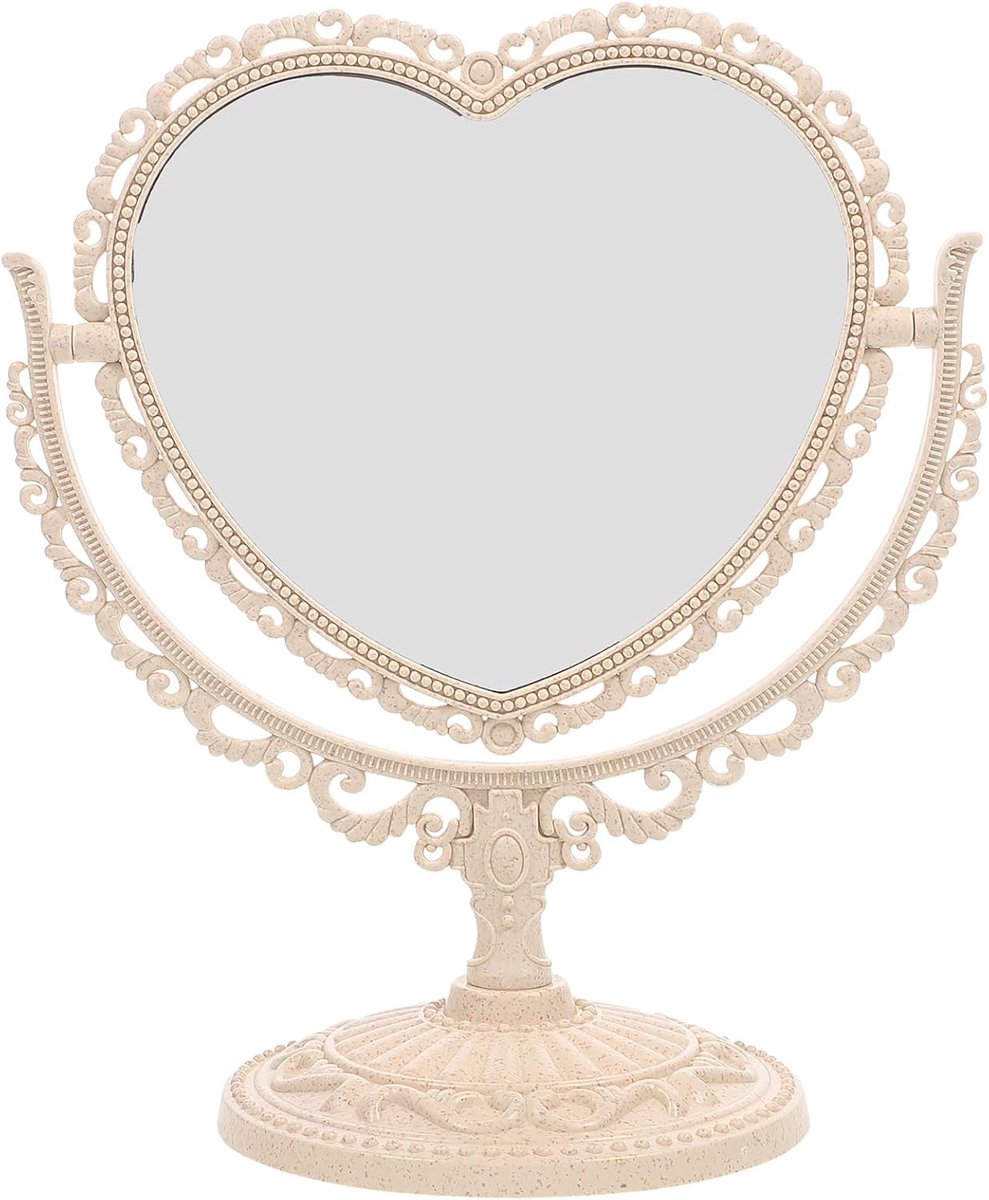SnelShoppen - Luxe Hartvormige Make-up Spiegel - Staande Draaibare Vanity Spiegel met 360 Graden Rotatie - Beige - Dubbelzijdige Vergrotende Spiegel m