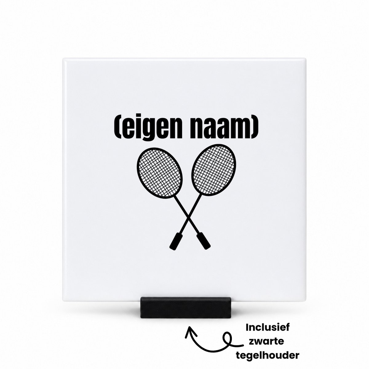 Hacebo 2 badminton rackets met eigen naam tegeltje met tegelhouder - Badminton - badmintonner - tegeltjes met tekst - sport - verjaardag cadeau - kado - geschenk - spreuktegels - 10.8x10.8 CM Wit