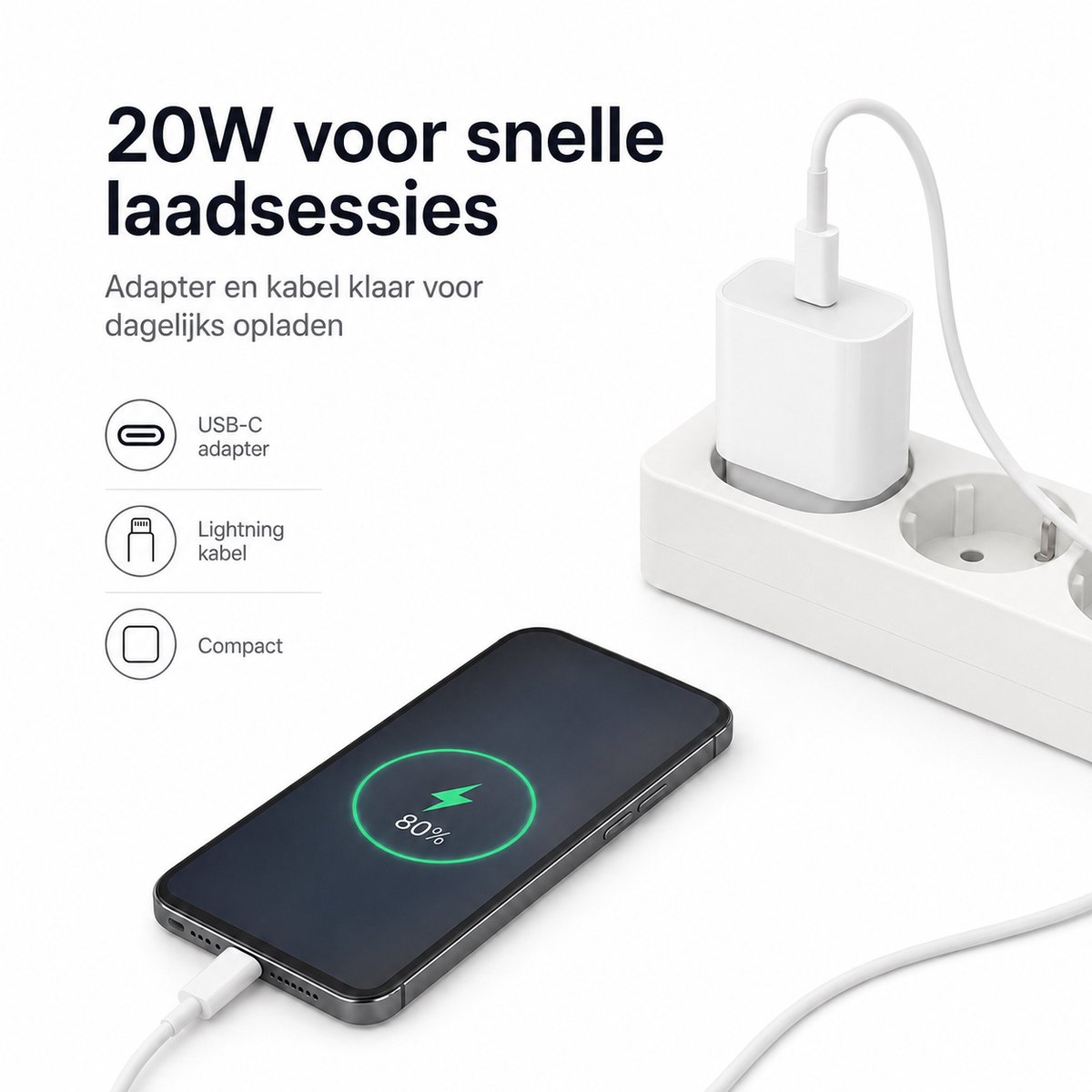 AB Goods Oplader Set - Adapter + Kabel 1M - 20W USB-C Snellader - 1M Kabel - Geschikt voor iPhone Oplader (6 t/m 14) - Compatibel als Oplader iPhone - Snellader voor Lightning Smartphone's — cadeau in Cadeau-ideeën - foto 2