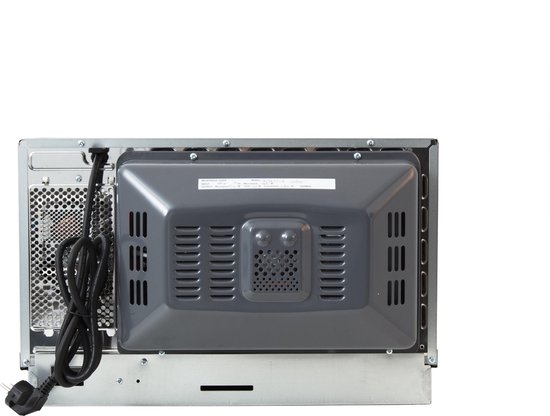 Achterkant van een inbouwmagnetron met ventilatieroosters en stroomkabel.