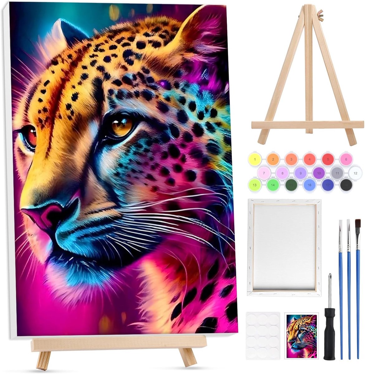 SnelShoppen - Schilderen op Nummer voor Kinderen en Volwassenen met Lijst, Houten Easel, 3 Penseelsets, Creatieve Hobby met Dieren Thema, Perfect voor