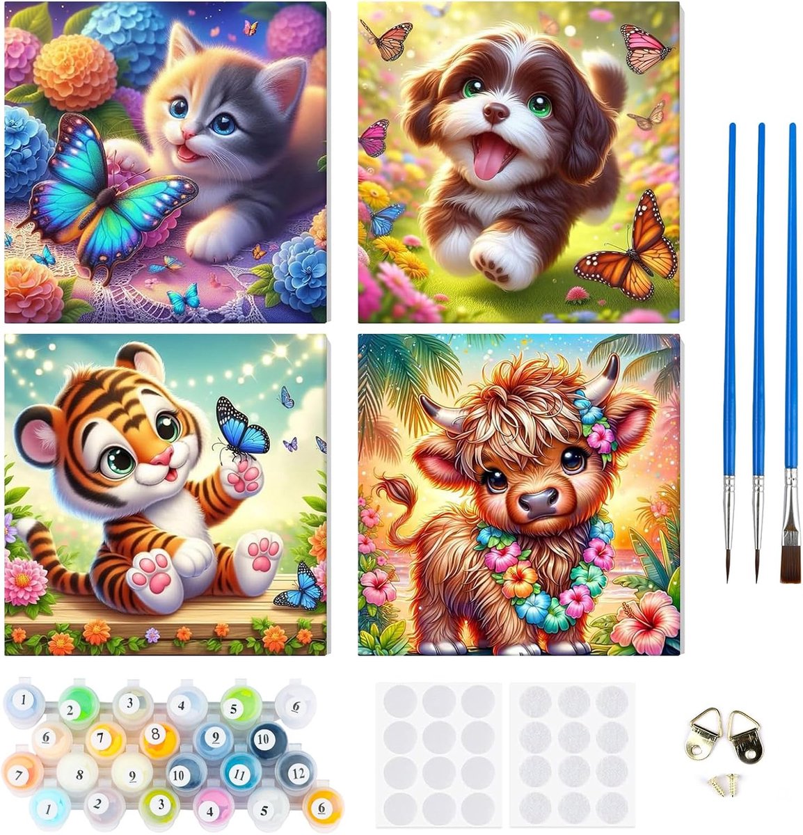 SnelShoppen - 4 Stuks Schilderen op Nummer Kits voor Volwassenen en Kinderen, DIY Canvas Olieverf Kit met Penseel en Acrylverf, Schattige Dieren Afbee