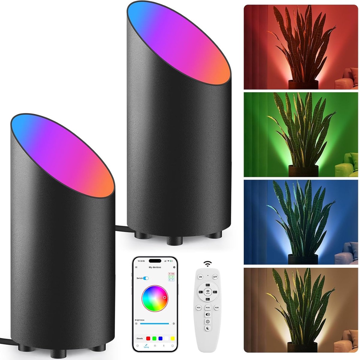 SnelShoppen - Dimbare 5W RGBW LED Uplight Vloerlampen met Afstandsbediening, Indoor Lampen voor Woonkamer, Slaapkamer, Gaming, 2 Stuks, Zwart