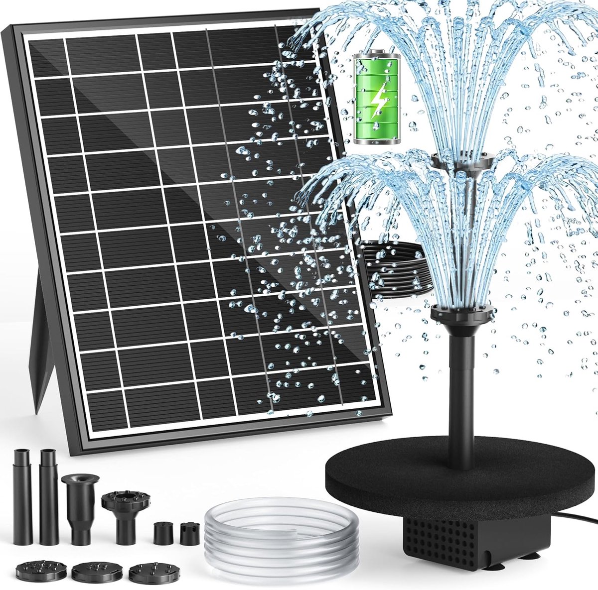SnelShoppen - Solar Fountain Pump met Vervangbare Accu 7.5 W - 3000 mAh Batterij, Dubbele Laag Nozzles, 7 Spray Modes, 1.5 m PVC Slang - Ideaal voor V