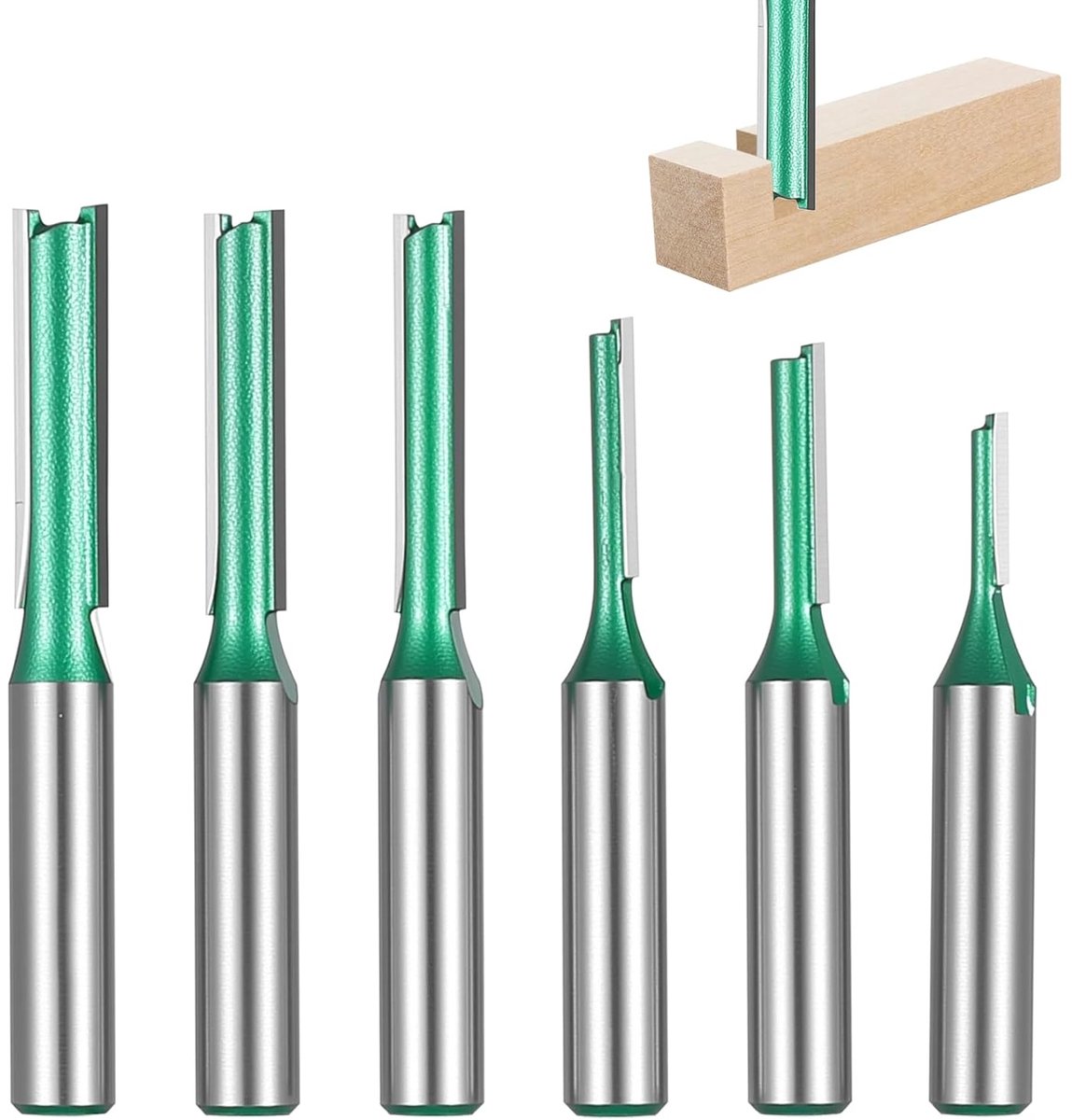 SnelShoppen - Pack van 6 Houten Freesfrezen, Rechte Houtbewerkingsgereedschappen, Dubbele Groef, 3mm-8mm, Carbide Materiaal, Precisie Snijden, Voor Ho