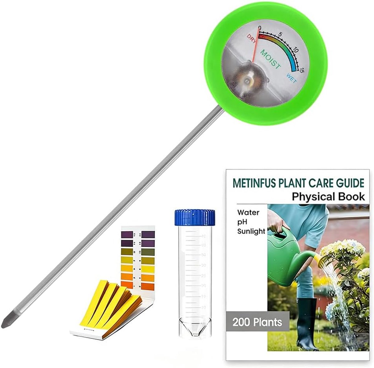 SnelShoppen - Bodemvochtigheidsmeter, Vochtmeter met pH-teststrips en Monsterbuis, Plantenverzorgingsgeleiding, Voor Binnen en Buiten, Groen, Batterij