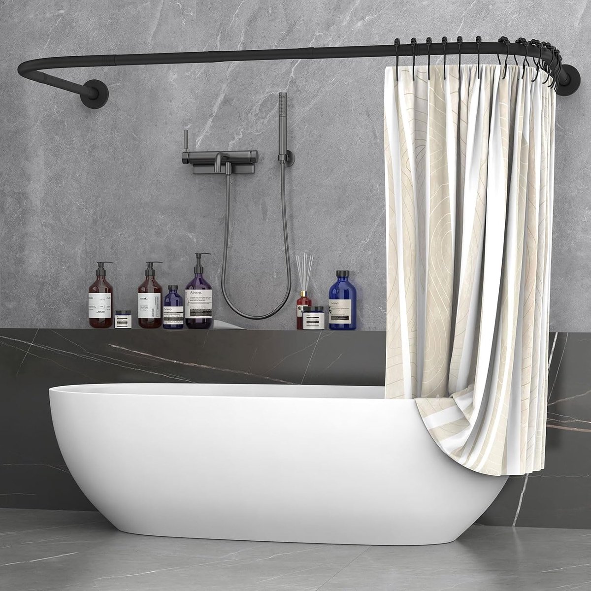 SnelShoppen - Douchegordijnstang Hoekspanner U/L-vorm 75×(150-190)×75cm, Verstelbare Douchestang zonder Plafondhouder, Inclusief 24 Ringen Roestvrij S