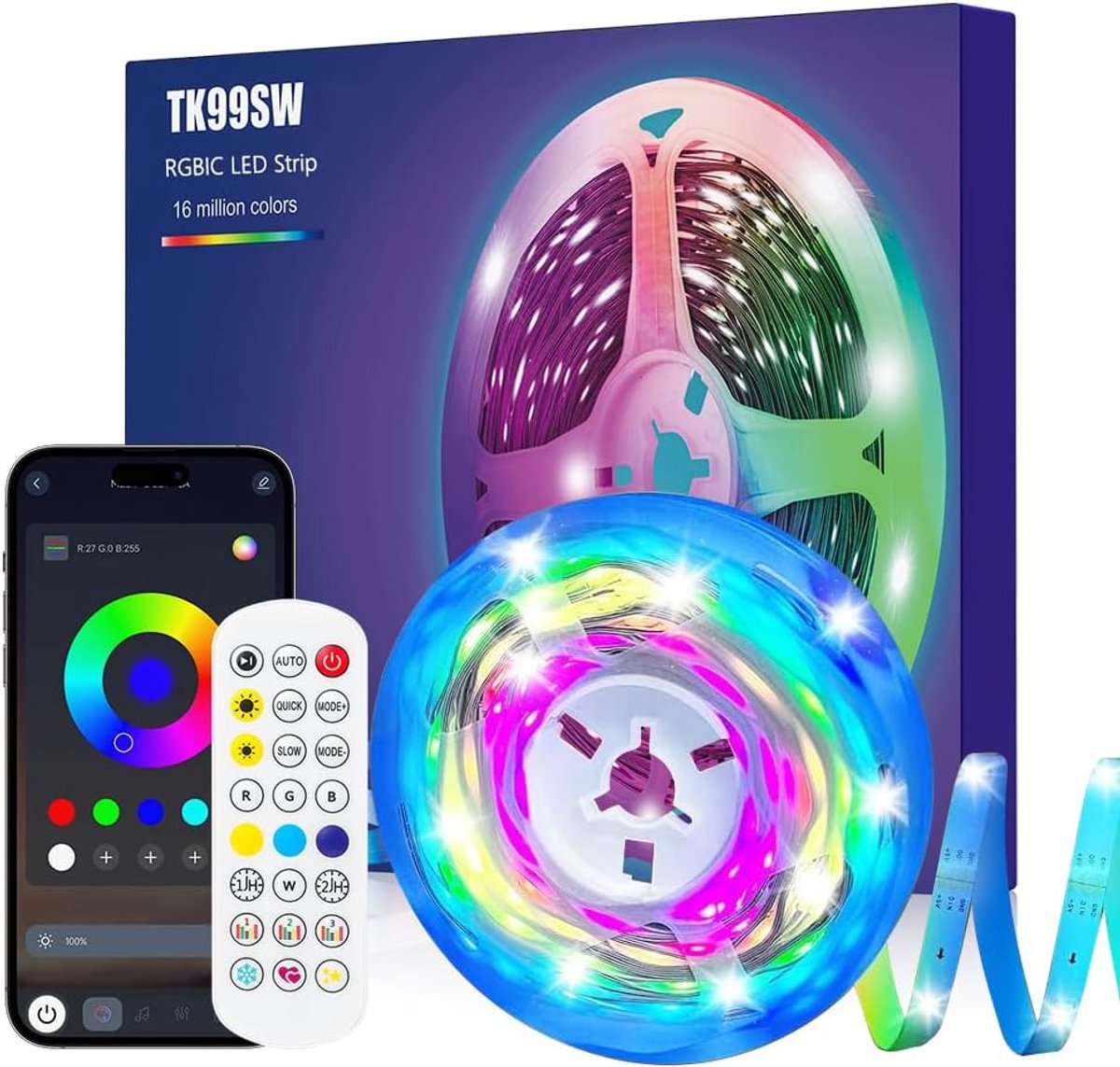 SnelShoppen - RGBIC LED Strip 1m Bluetooth LED Strip met App en Afstandsbediening, LED TV Achtergrondverlichting, Muzieksynchronisatie, USB LED Decora