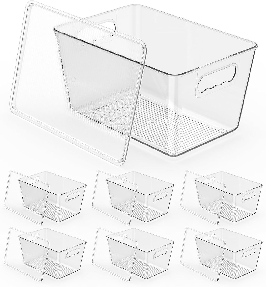 SnelShoppen - 6 stuks stapelbare doorzichtige opbergbakken met deksels - grote kunststof organizers met handgrepen voor keuken, koelkast, badkamer, vo