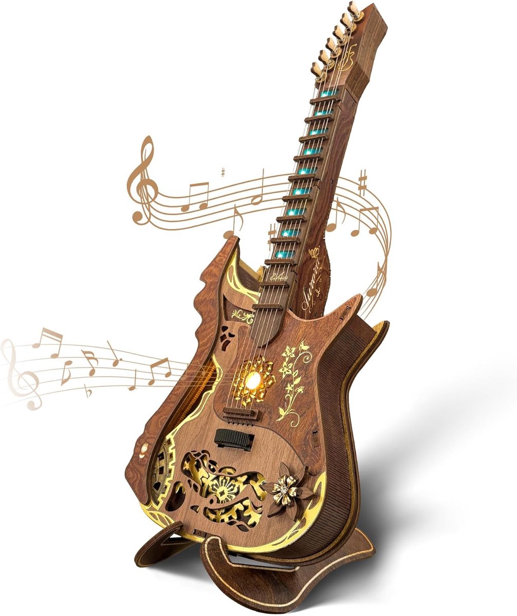 SnelShoppen - 3D Houten Puzzel Akoestische Gitaar met LED-Licht - DIY Mechanisch Muziek Bouwpakket voor Volwassenen en Tieners - Speelbaar Model voor