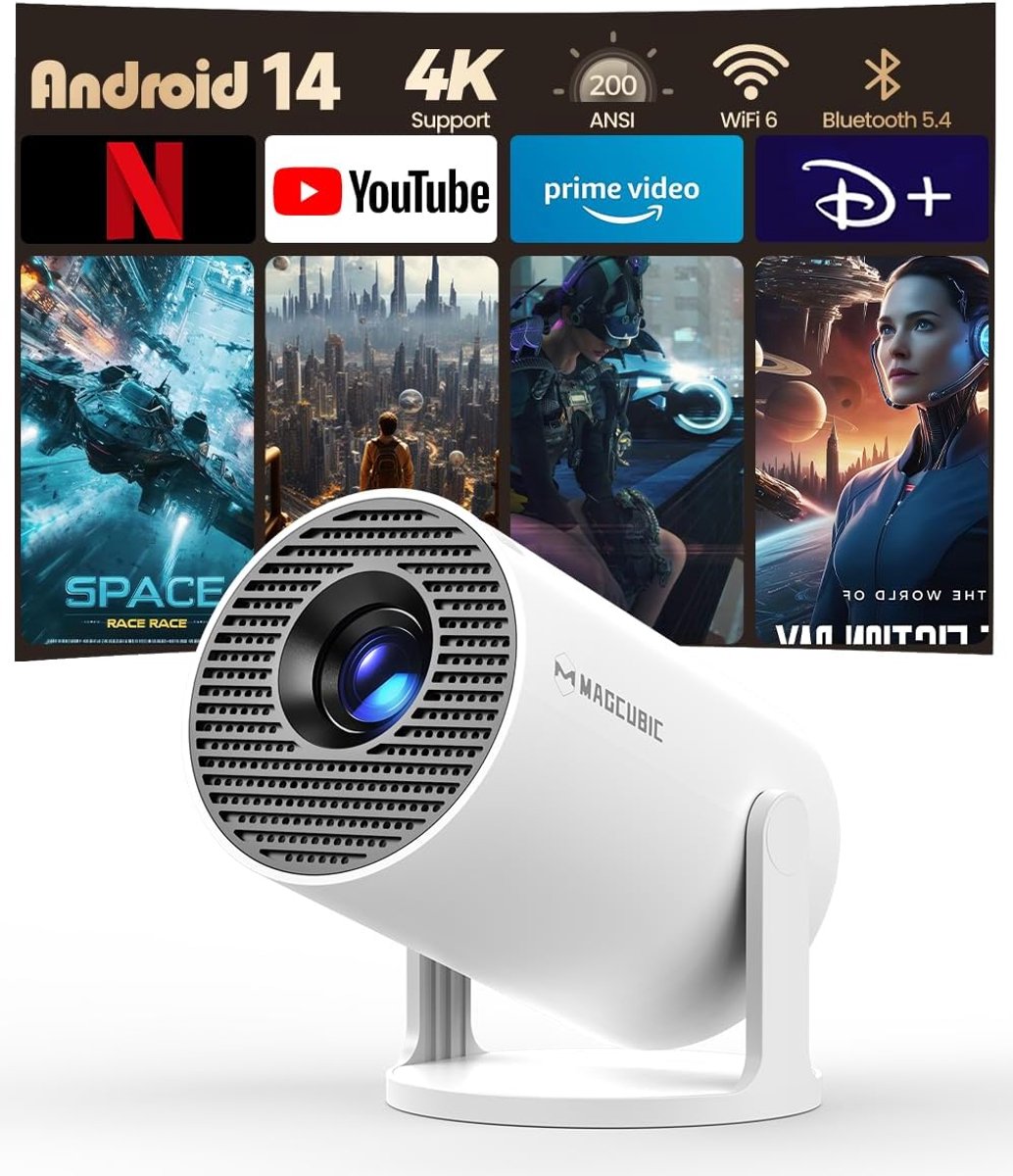 SnelShoppen - Draagbare Projector met Android 14, Miniprojector 4K 1080P Full HD, 200ANSI 8000L, 5G WiFi, BT 5.4, Bioscoopprojector 180° Draaibaar voo