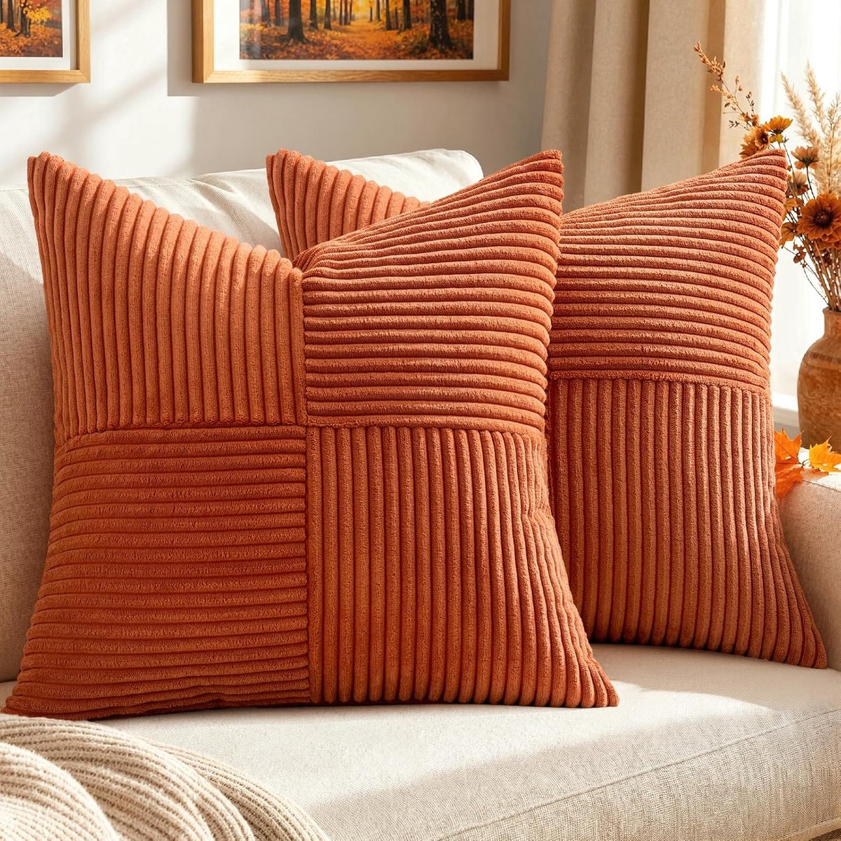 SnelShoppen - Corduroy Kussensloop 40 x 40 cm - Set van 2 Karamel Patchwork Sierkussen voor Bank, Stoel, Thuis & Slaapkamer - Decoratief Sofakussen me