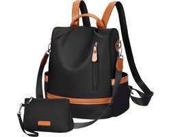 SnelShoppen - Eshow Rugzak Dames, Nylon Casual Rugzak met Diefstalbeveiliging, Multifunctioneel voor School en Dagelijks Gebruik, Zwart met Bruin, M