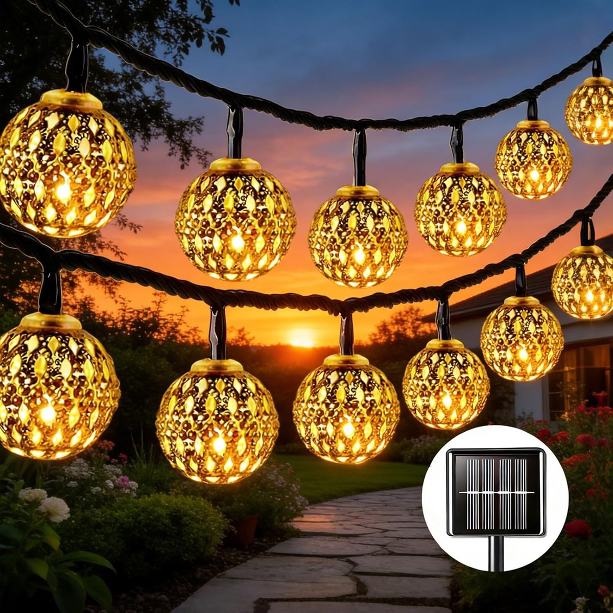 SnelShoppen - Marokkaanse snoerlampen op zonne-energie, IP65 waterdichte lichtketting voor buiten, gouden LED-lichtketting met 8 modi voor tuin, balko