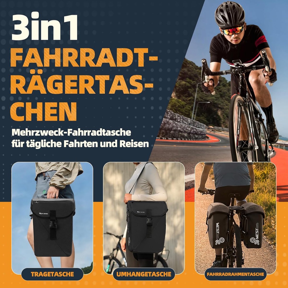 SnelShoppen - Fietstas voor Bagagedrager 35 Liter - Dubbele Tas met Draaggreep, Schouderriem, Reflecterend, Laptopvak, E-bike, MTB, Stadsfiets, Gemakk