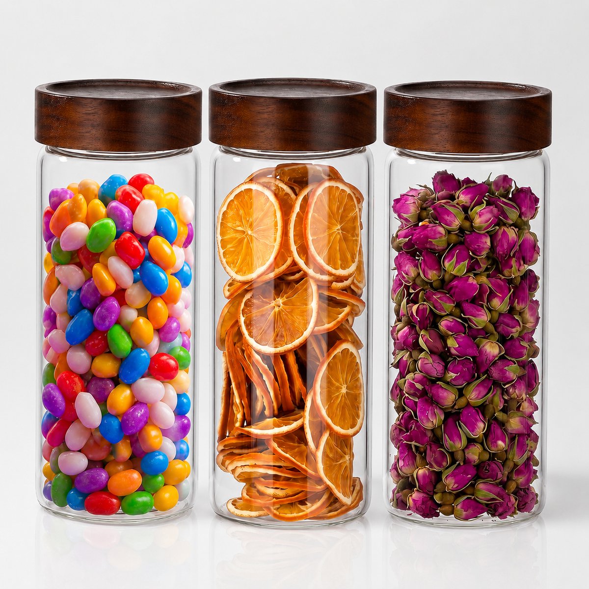 VHV - Voorraadpotten - Glazen voorraadpotten met houten deksel - Borosilicaatglas - Set van 3 - 800 ml - Voor koffie, thee, suiker, kruiden, snoep en koekjes - Transparant