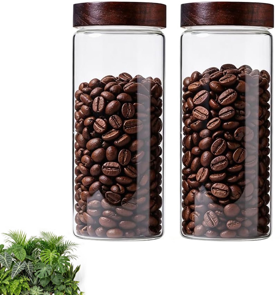 VHV - Voorraadpotten - Glazen voorraadpotten met houten deksel - Borosilicaatglas - Set van 2 - 800 ml - Voor koffie, thee, suiker, kruiden, snoep en koekjes - Transparant