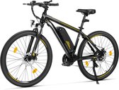 Zwarte elektrische fiets met gele accenten, geveerde voorvork, schijfremmen en een batterij op het frame.