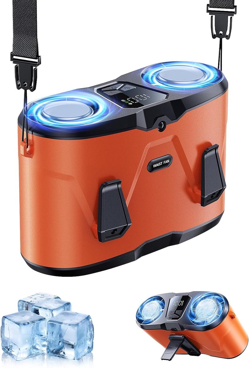 Oplaadbare clip-on tailleventilator met dubbele motor en ijskoeling (25.000 tpm), 10 snelheidsstanden, led-display en zaklamp, handsfree draagbaar voor werk, buiten en reizen – Oranje