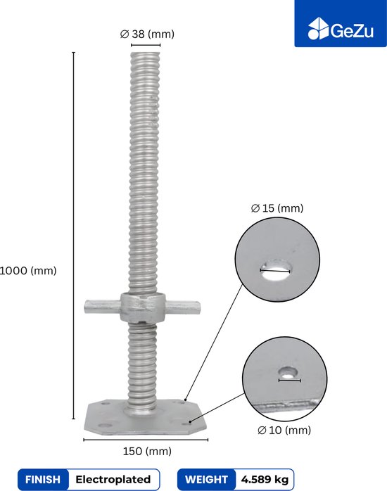 Afmetingen van de gegalvaniseerde voetspindel: 1000 mm lang, 150 mm breed, 38 mm diameter. Met detailafbeeldingen van de diameters.