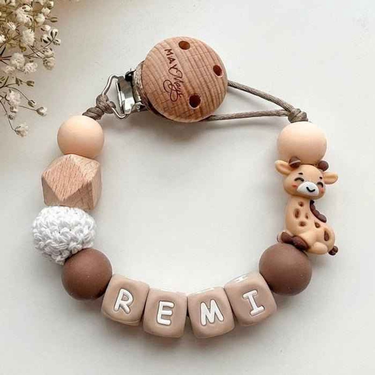 May Mays | Speenkoord met Naam | Giraf Bruin Geel | Gepersonaliseerde Speenketting Baby | Kraamcadeau Pasgeborene | Babyshower Cadeau | Newborn Gift | Siliconen letterkralen
