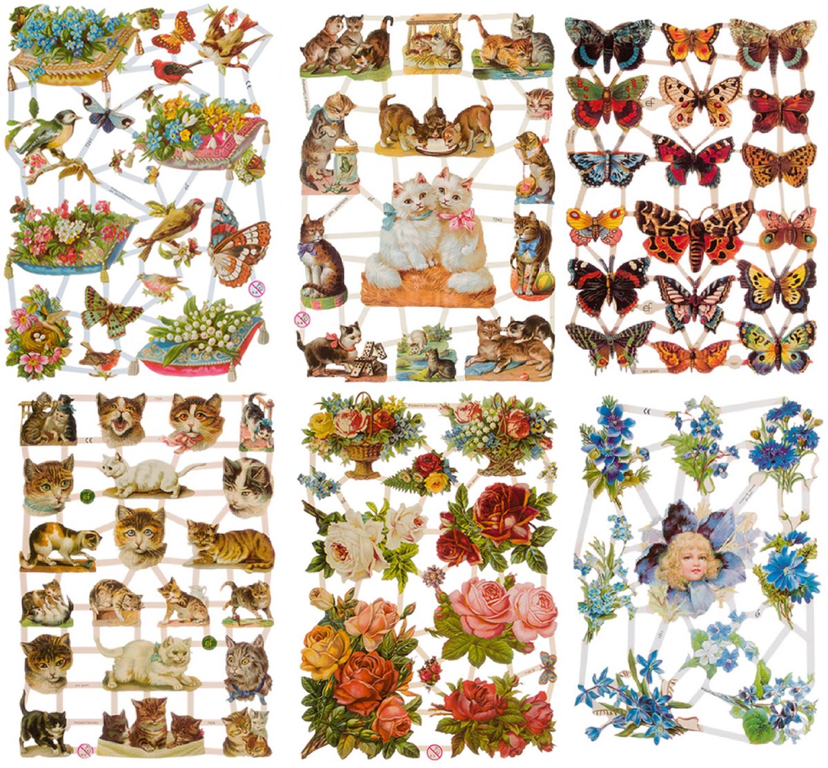Poëzieplaatjes - 6 vellen - plaatjes - hobby - creatief - decoupage - knutselen - scrapboek - met BOERDERIJ DIEREN - POEZEN - VLINDERS - KATTEN - VOGELS - BLOEMEN