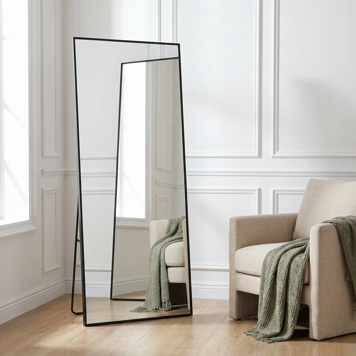 Vloerspiegel 177 x 77 cm, Frame Aluminiumlegering, Slaapkamerspiegel, Grote Vloerspiegel, Rechthoekige Wandspiegel Algehele Harmonie Kleding en Schoenen te Controleren (Zwart, 177 x 77 cm)