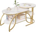 Salontafel met marmerpatroon en gouden frame, twee niveaus, met een plant, kopje, radio en boeken.