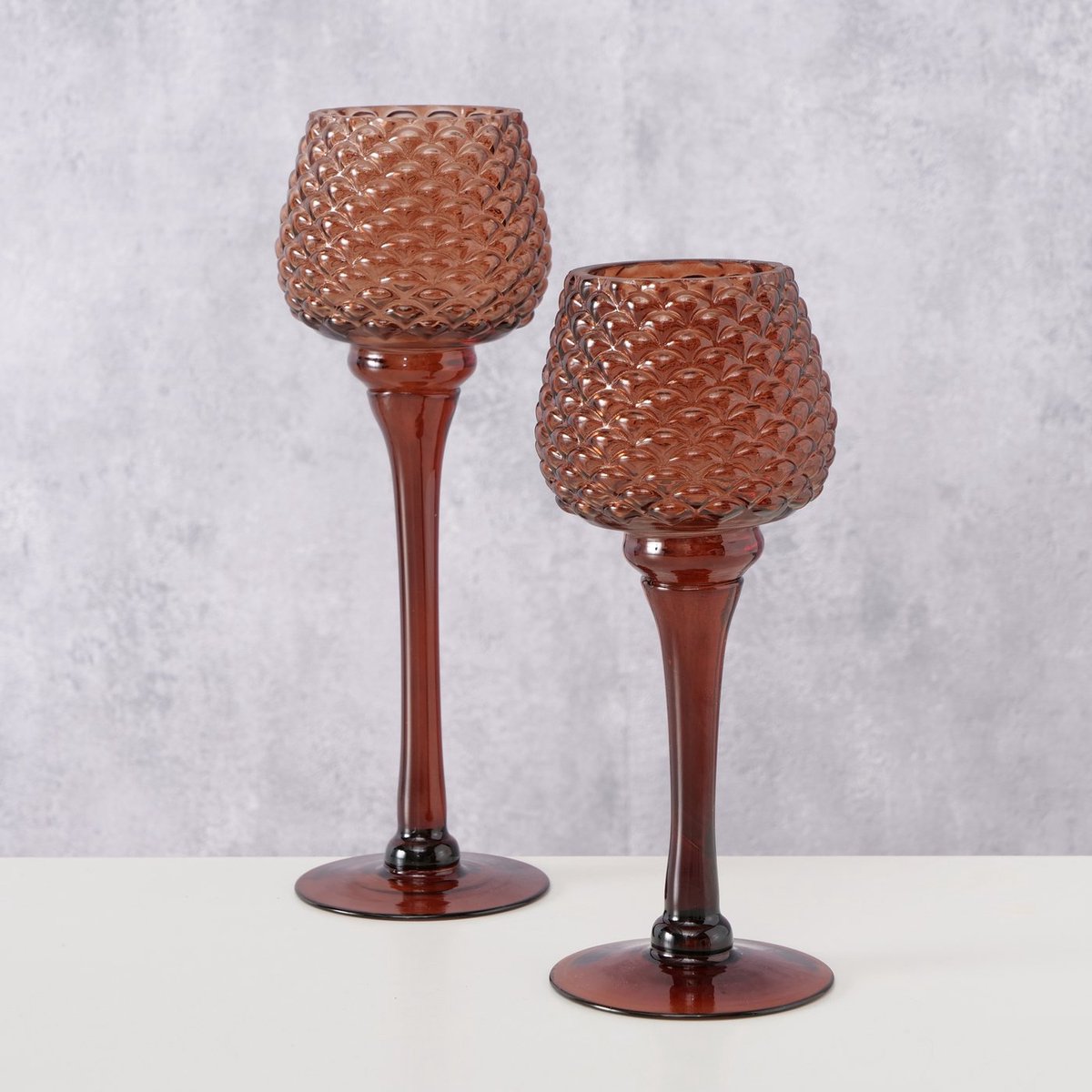 Windlichten - 2 set - Glas - op voet - H25.5cm - Ø8.5cm - Bruin - Dik glas - Boltze