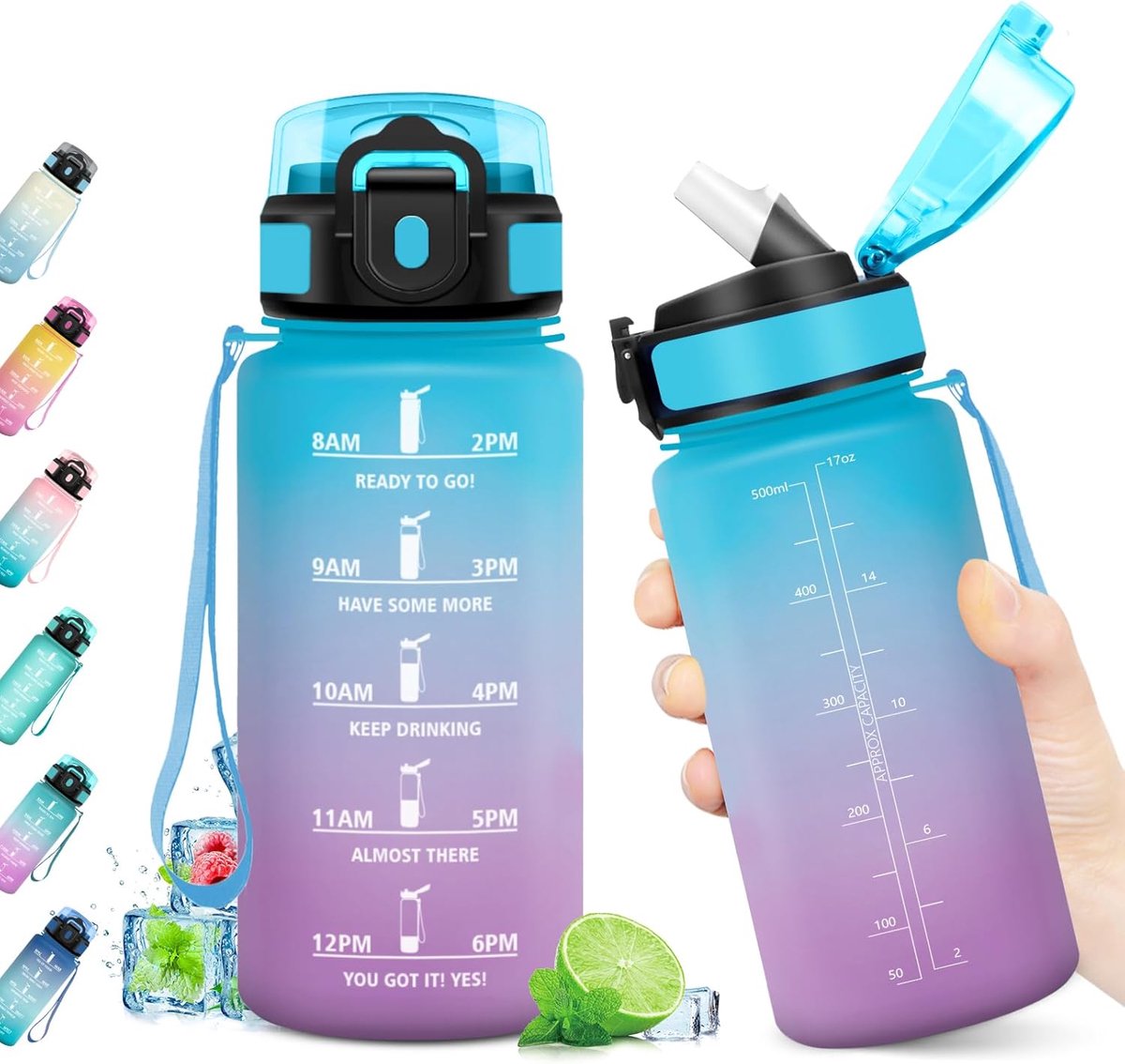 SnelShoppen - Drinkfles 500 ml met Rietje, Herbruikbaar, BPA-vrij, Motivational Time Display, Lekvrij, Ideaal voor Kinderen, School, Kantoor