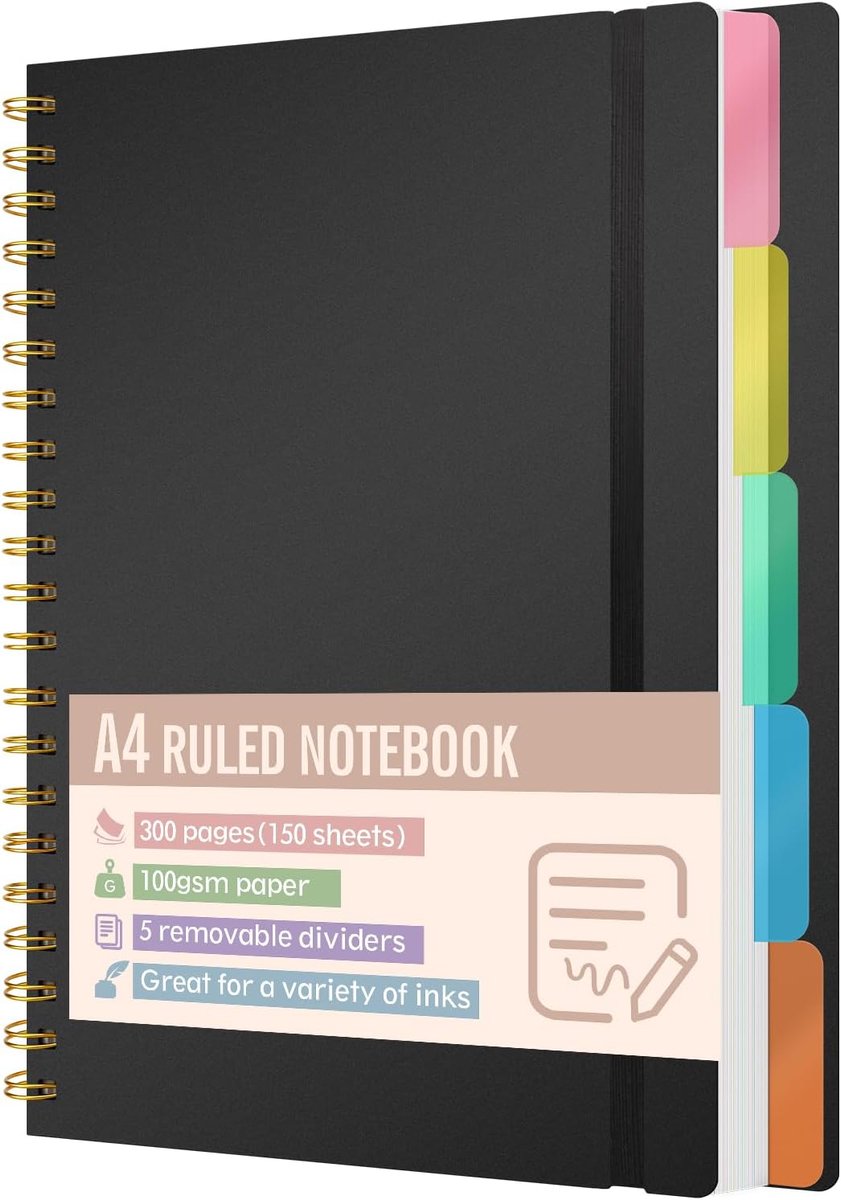 SnelShoppen - Notebook A4 Gelinieerd met 5 Tabs, 300 Pagina's, 100 gsm Dikte, Hardcover, Spiral Notitieboek voor Kantoor, School, Universiteit, Planni