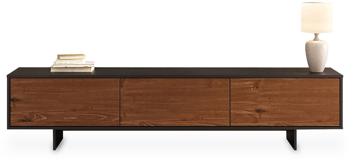 Lowboard ARTO 185 cm met fronten van massief hout – afwerking in zwart/kastanje