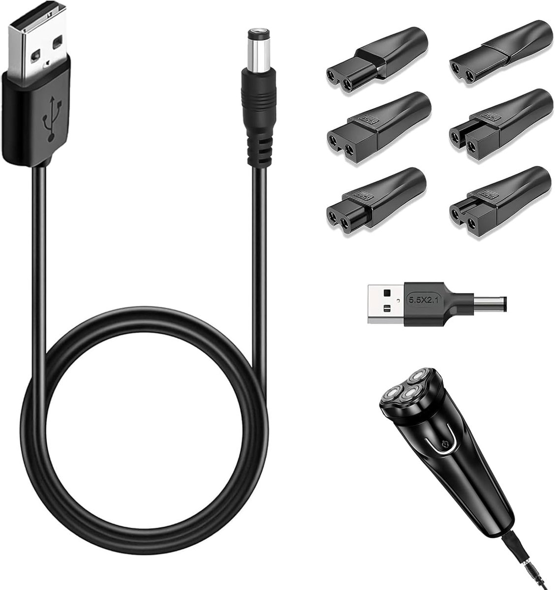 SnelShoppen - Pack van 8 Universele Oplader USB Kabel voor Scheerapparaten, 5V Compatibel, Inclusief 7 Adapters voor Scheerapparaten en Trimmers, Idea