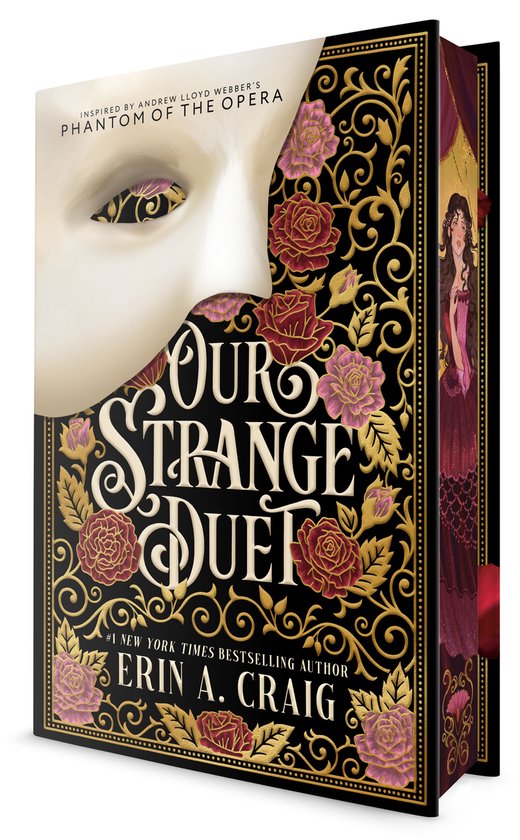 Boekomslag met een wit masker, roze en rode rozen en gouden ornamenten. Titel: Our Strange Duet.