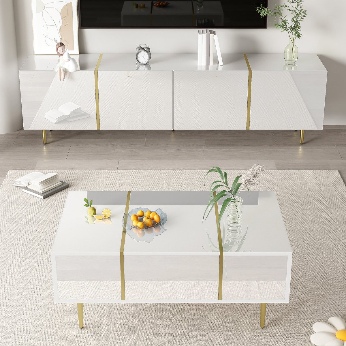 Wishdor - TV-meubelset - hoogglans afwerking - 4 deuren en 2 lades - modern - woonkamer - houtlook met metalen accenten - wit - 170 x 35 x 46 cm