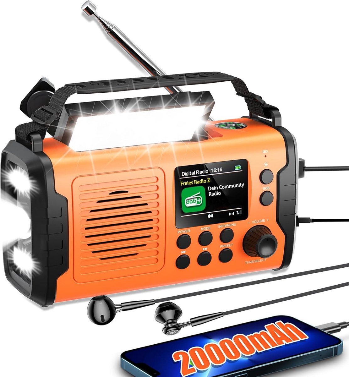 SnelShoppen - 20,000 mAh Crank Radio met Mobiele Telefoon Oplaadfunctie, Zonne-energie DAB/DAB+/FM Radio, 3 Oplaadmethoden, 11 in 1 Bluetooth 5.3 Nood