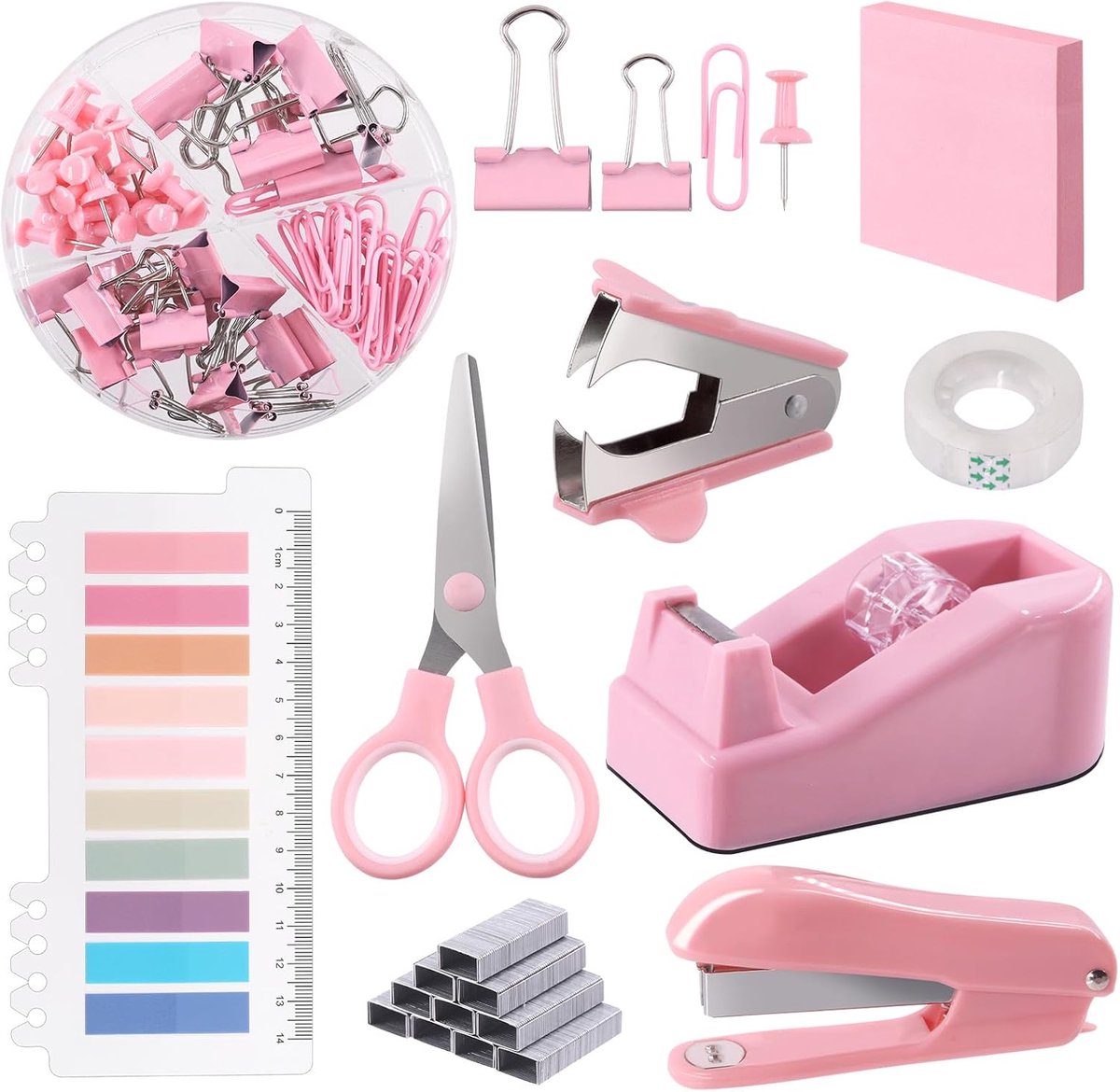 Thijox - 9-delige Kantooraccessoireset - Roze - Inclusief Nietmachine, Plakbanddispenser, Schaar, Clips, Notities - Perfect voor School en Kantoor