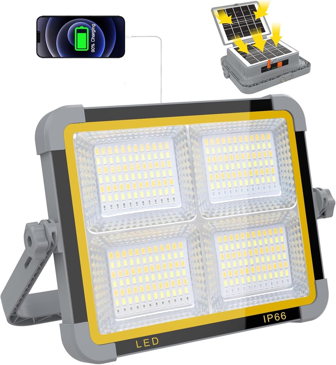 SnelShoppen - Oplaadbare LED Koplamp 150W Draagbaar met Dubbel Zonnepaneel 336 LED Lichten 4 Modi 9000mAh IP66 Ideaal voor Nood, Camping en Reparatie