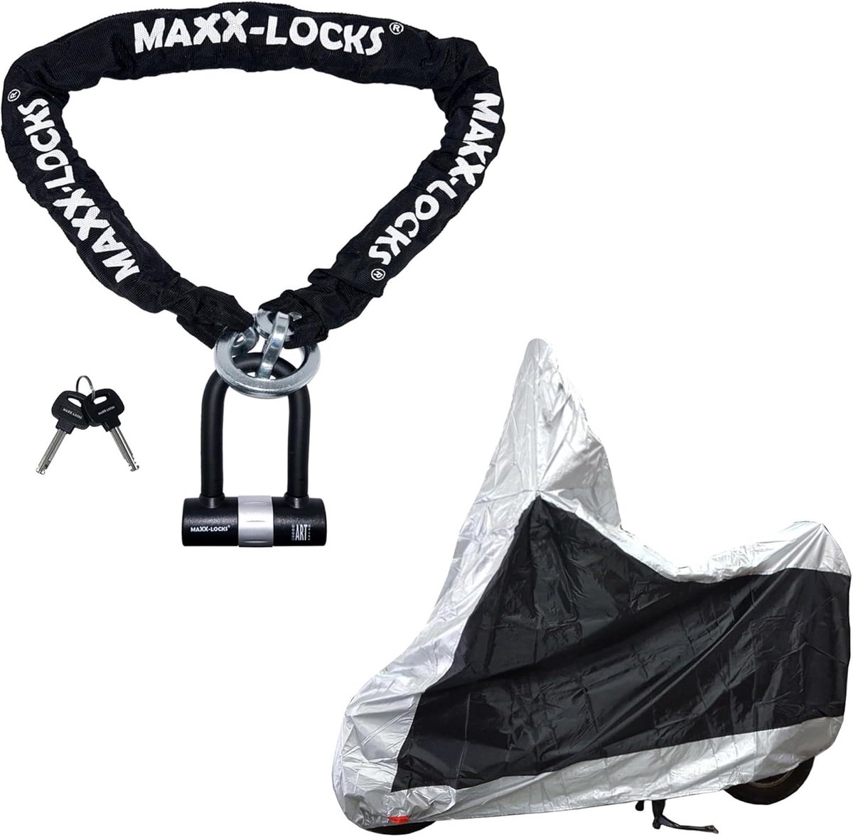 SnelShoppen - Maxxlocks Bundle ART 4 120cm Kettingslot + Scooterhoes met Windscherm voor Scooter en Motor, Veilig en Waterdicht