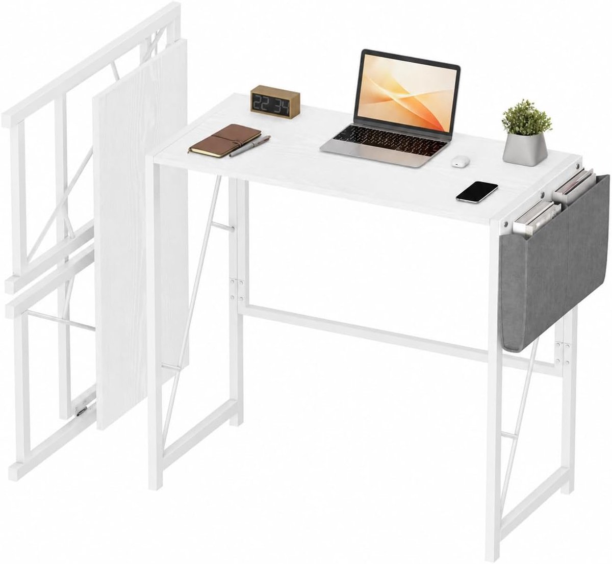 Opvouwbaar computerbureau wit 40x80x72 cm, schrijfbureau 80cm met zijvak en haken, eenvoudig te monteren thuiskantoor bureau voor slaapkamer en balkon