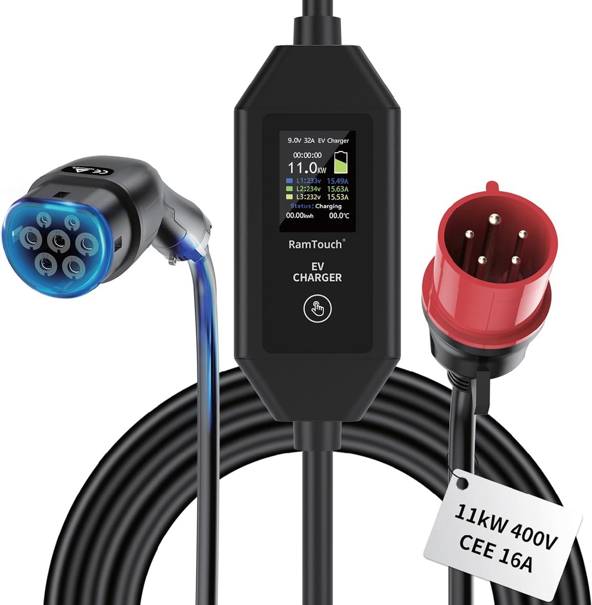 SnelShoppen - Draagbare Elektrische Auto Oplader 3.68 kW met 6 m Kabel, Digitaal Display, 6-16 A, Geschikt voor Model Y/3, GLC, A250, GLA, Q3 en Meer