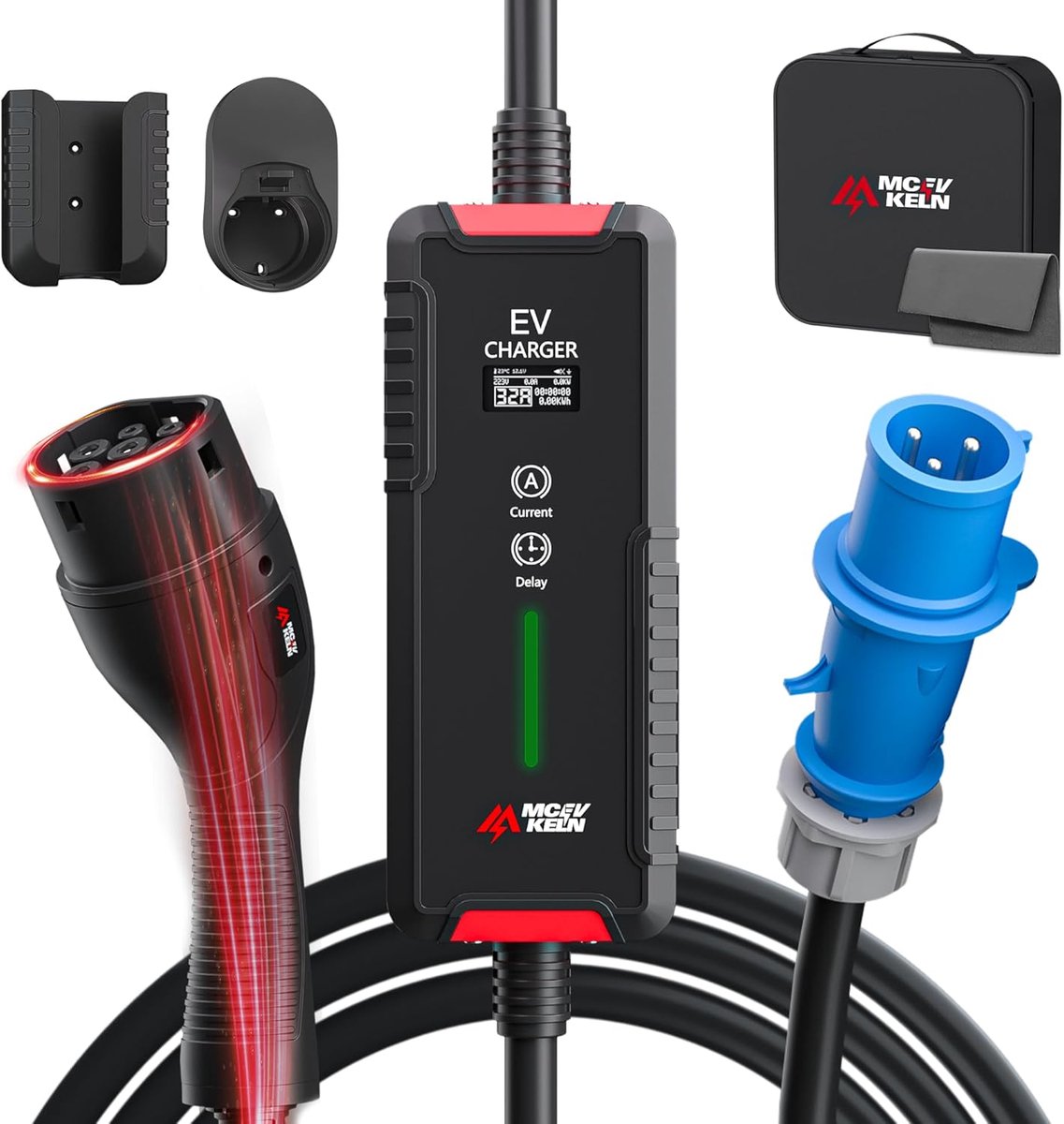 SnelShoppen - EV Charger Type 2 7 kW met 10m Oplaadkabel voor Elektrische Auto, Draagbare Laadstation met Schakelkast 6-32 A, Flexibele Laadopties