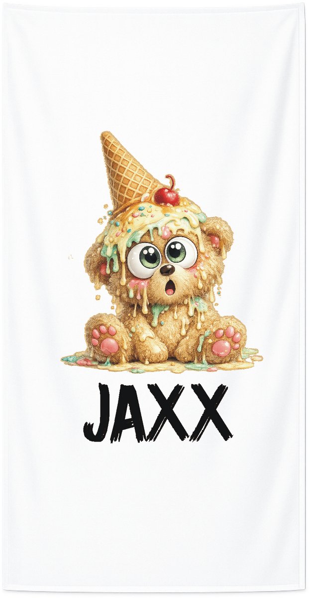 Strandlaken met naam kind 70x140 cm - Badhanddoek badstof - Gepersonaliseerd – Beer IJsje – Livingstickers - Wit