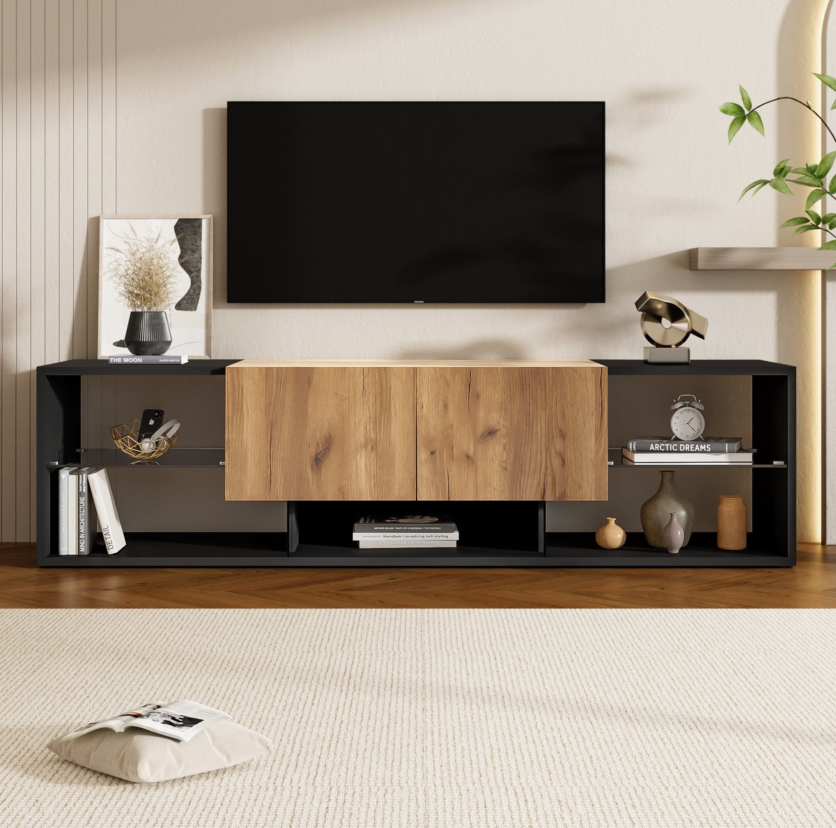 Wishdor TV meubel - 160 cm breed voor tv's tot 70 inch - met 2 lades en glasplank - modern - woonkamer - houtlook en bewerkt hout - zwart naturel