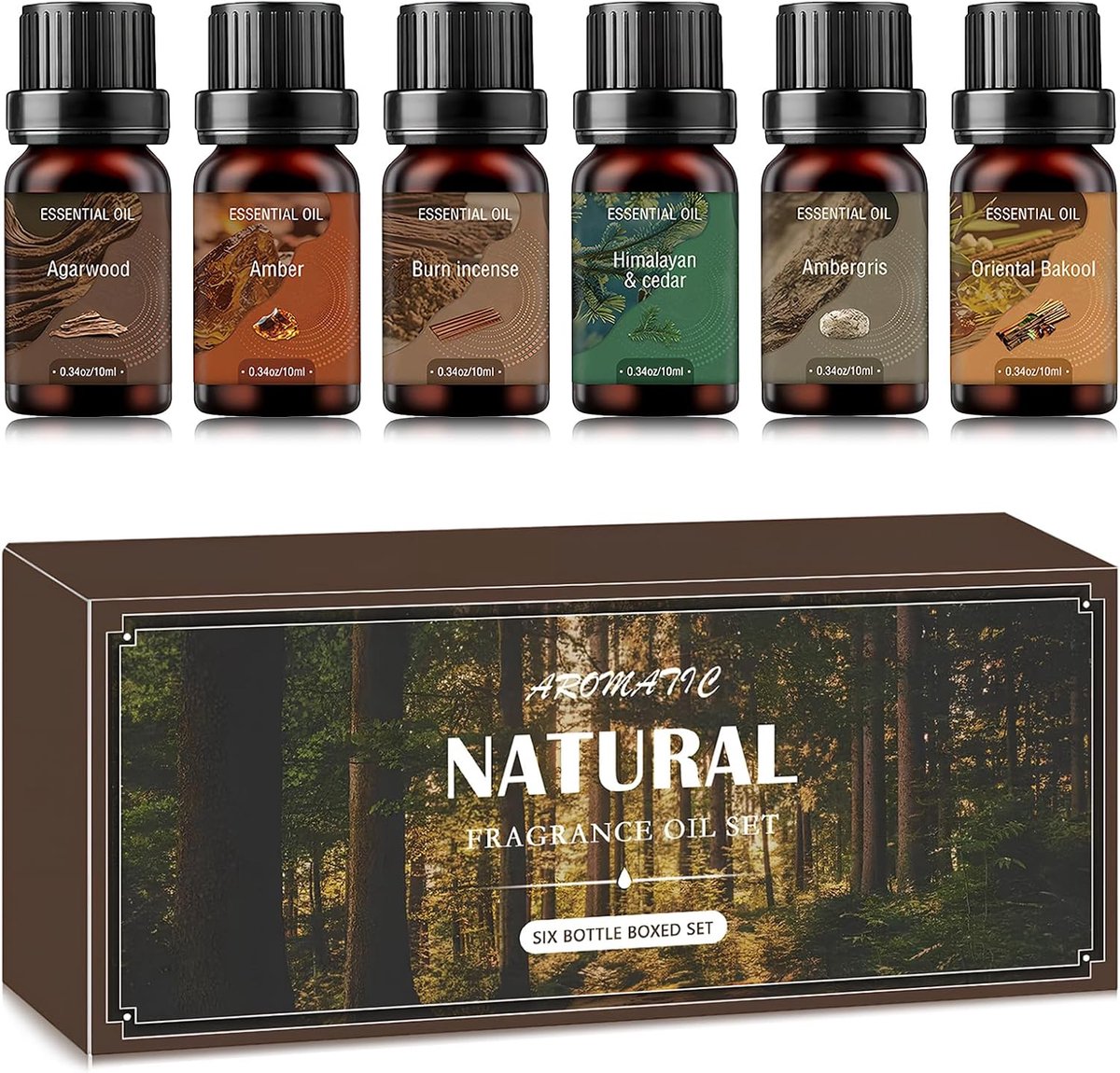 SnelShoppen - 6 x 10ml Essentiële Olie Set voor Aromatherapie - Adler Wood, Amber, Incense, Cedar Wood, Ambra, Bakhoor - 100% Pure Geuroliën voor Diff